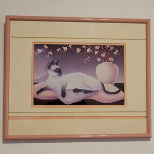 Framed 1980's cat print by Ellen Mayer, metal enamel pink painted glass
